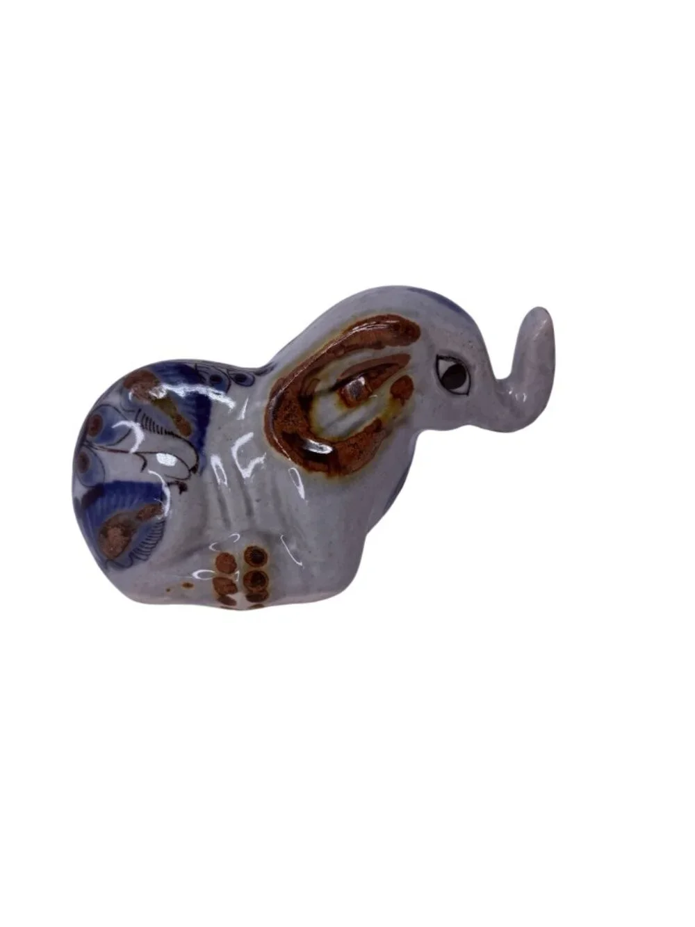 Vintage Mexican Tonala Pottery Elephant Figurine Hand Painted 1980s